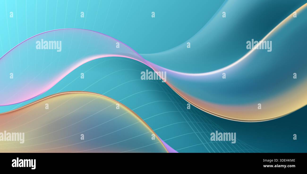 Courbes lisses et fluides avec un éclat irisé sur fond turquoise, les couleurs dégradées se fondent dans un motif ondulé. Illustration de Vecteur