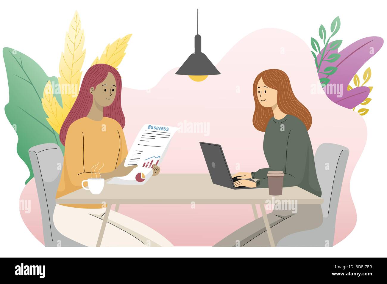 Deux femmes discutant d'affaires à table à l'intérieur Illustration de Vecteur