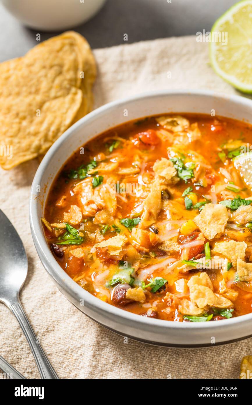Soupe salée de tortilla au poulet maison avec haricots et maïs Banque D'Images
