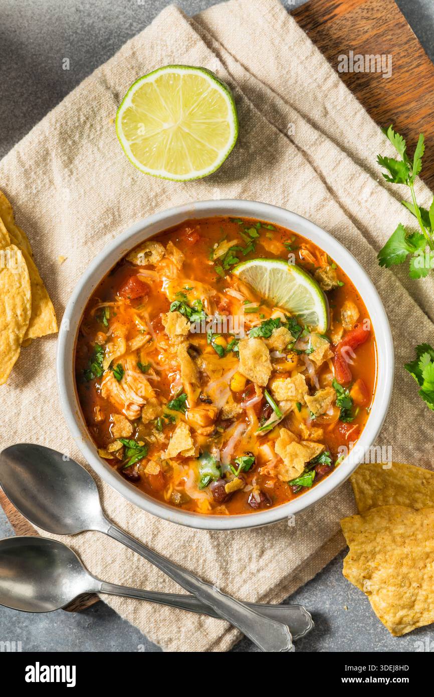 Soupe salée de tortilla au poulet maison avec haricots et maïs Banque D'Images