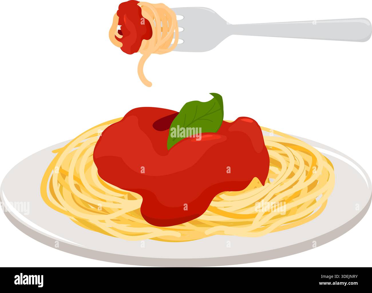 Plat de pâtes spaghetti avec sauce rouge et fourchette. Menu pâtes avec tomate, bolognaise, sauce tomate rouge. Pâtes cuites maison sur une assiette avec basilic. Illustration de Vecteur
