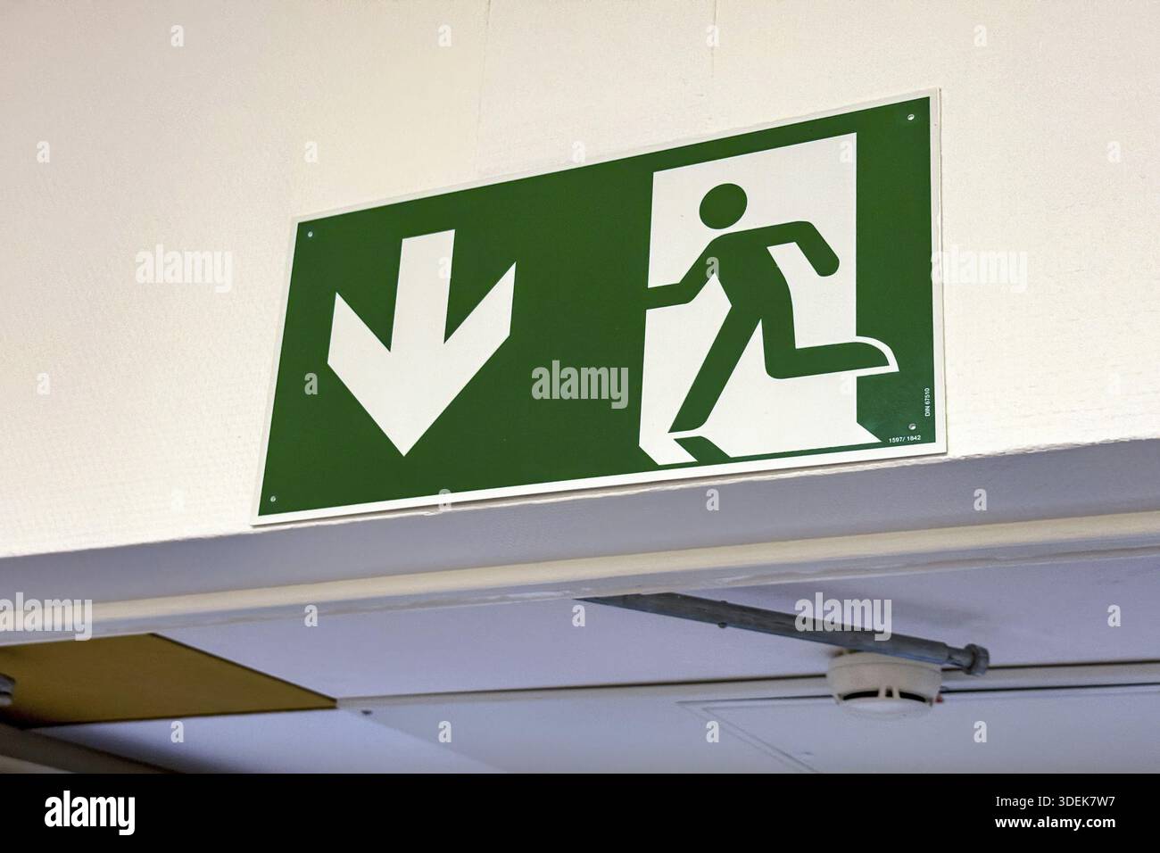 Panneau avec pictogramme de sortie de secours de la voie d'évacuation et flèche vers le bas, Allemagne Banque D'Images