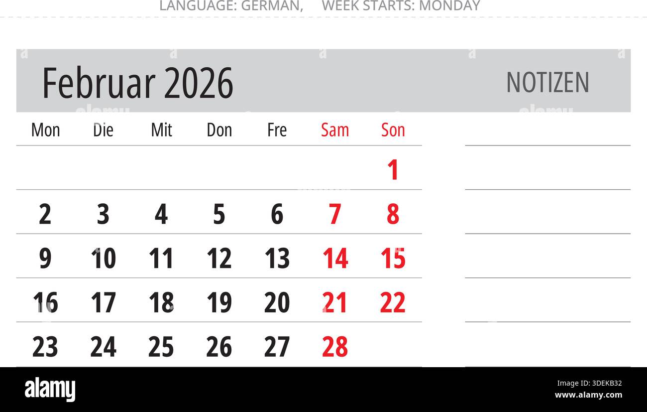 Calendrier allemand février 2026 avec espace pour les notes. Mois février. Illustration vectorielle pour l'Allemagne Illustration de Vecteur