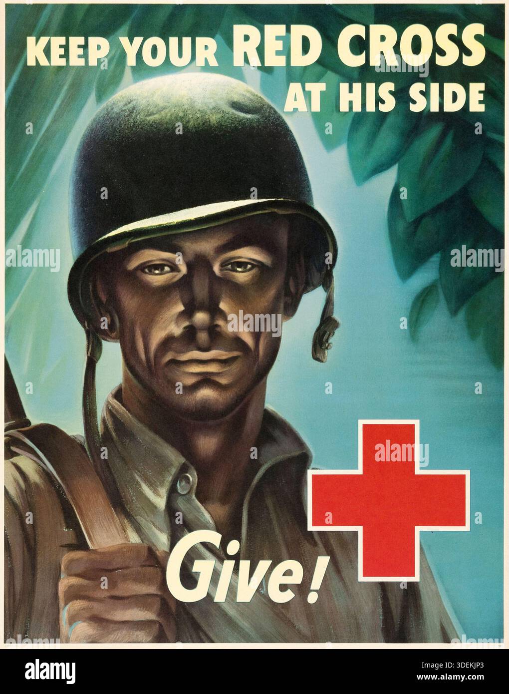 Propagande de la seconde Guerre mondiale (années 1940) affiche de la Croix-Rouge 'Gardez votre Croix-Rouge à ses côtés - donnez !' Banque D'Images