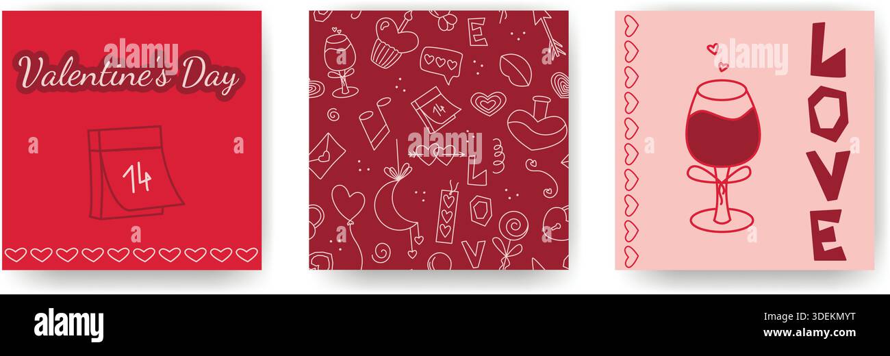 Cartes romantiques pour la Saint-Valentin. Ensemble de modèles carrés avec texte de félicitations et illustrations d'amour. Publications sur les médias sociaux, cartes postales, brochures Illustration de Vecteur