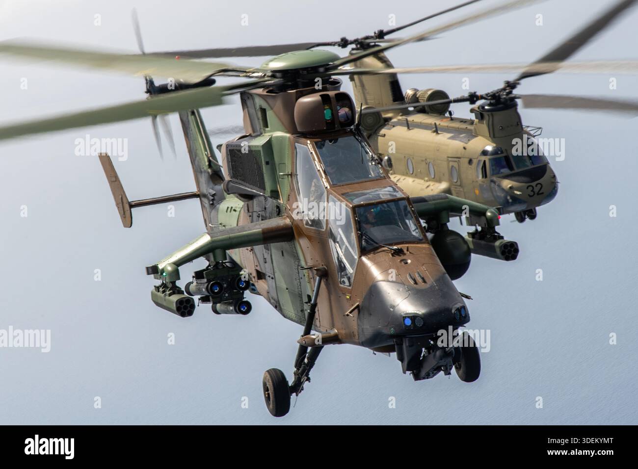 Photo air-air du Tigre de l'armée espagnole AVAIT UN hélicoptère d'attaque volant en formation avec un Boeing CH-47F Chinook lors du Festival Aéreo Internacional AIRE AIRE 25 à San Javier. Le Chinook affiche l'enregistrement HT.17-32A et le numéro de série M7512. Le Tiger HAD est propulsé par deux turbomoteurs MTR390, tandis que le CH-47F utilise des moteurs Honeywell T55-GA-714A, soutenant des rôles opérationnels d'attaque, de transport et de transport lourd. Banque D'Images