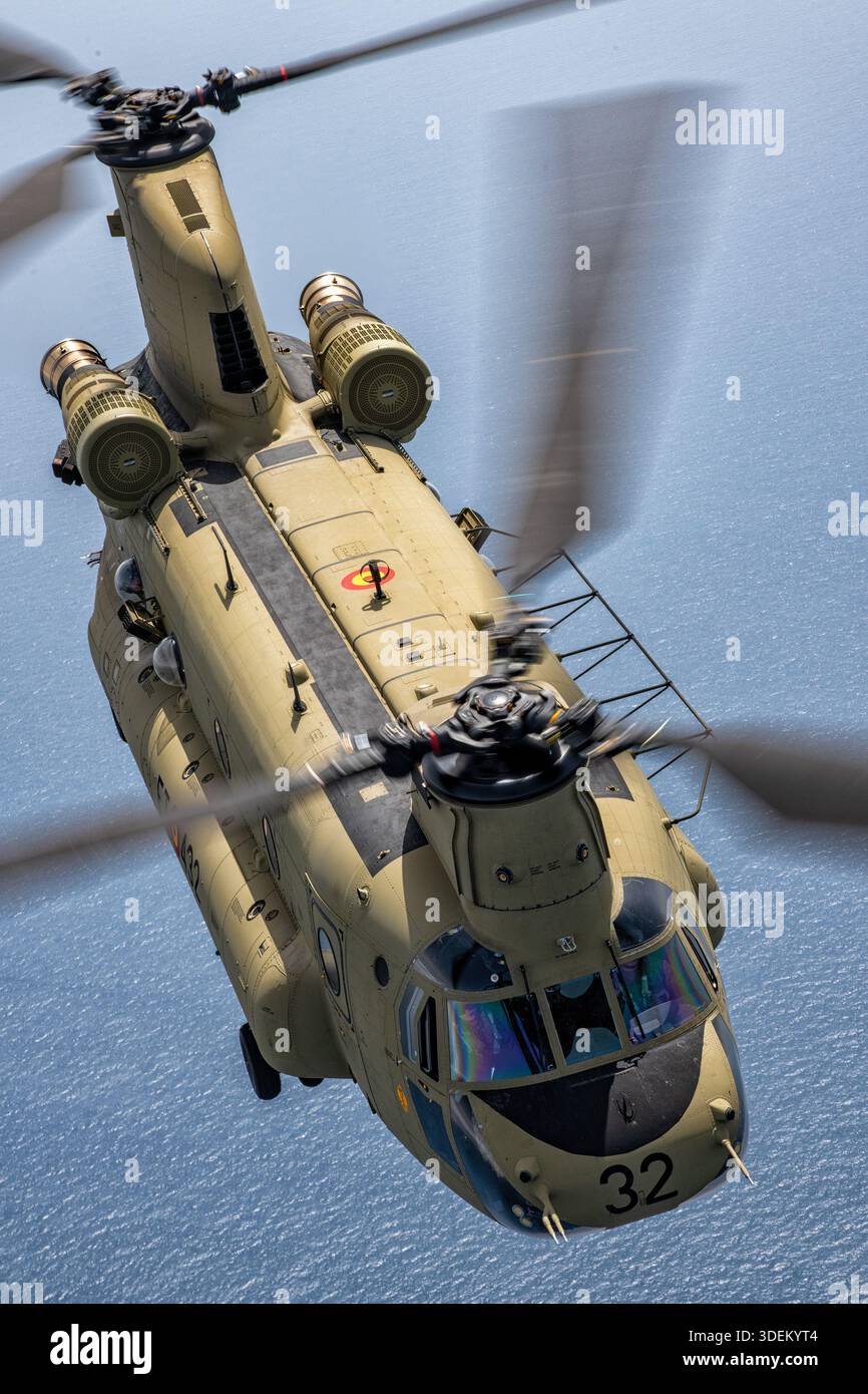 Cette image représente un hélicoptère de transport lourd Boeing CH-47F Chinook de l'armée espagnole volant air-air au Festival Aéreo Internacional AIRE 25 au San Javier Airshow. Le CH-47F Chinook est équipé de deux turbomoteurs T55-GA-714A, d'un cockpit numérique avancé et est configuré pour le transport de troupes, d'équipements et de marchandises. Les rotors tandem et le grand fuselage de l’hélicoptère supportent une charge utile élevée et des profils de mission polyvalents. Banque D'Images