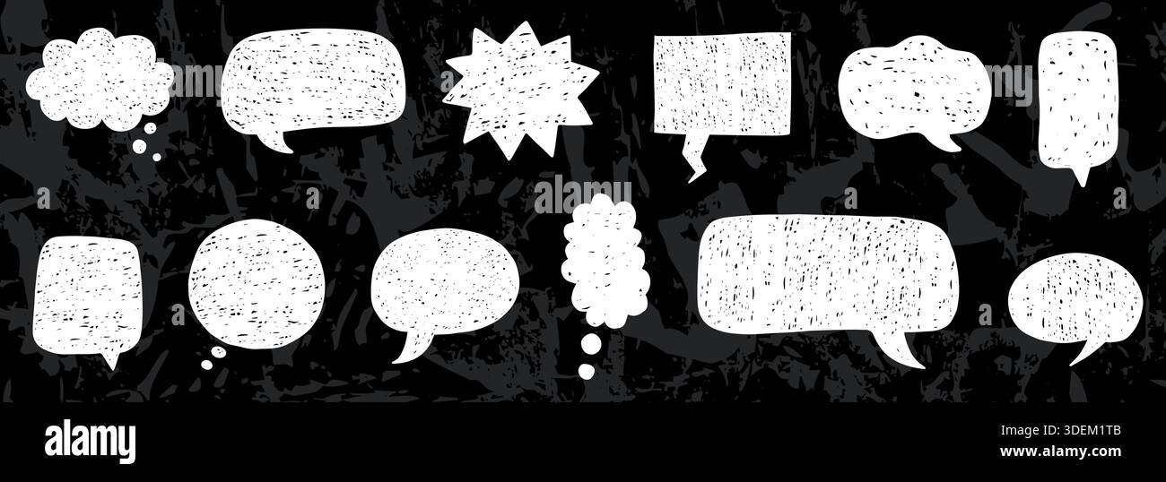 Graphiques de bulles de discours de craie de doodle dessinés à la main, formes de zone de texte de crayon sur fond de tableau noir Illustration de Vecteur