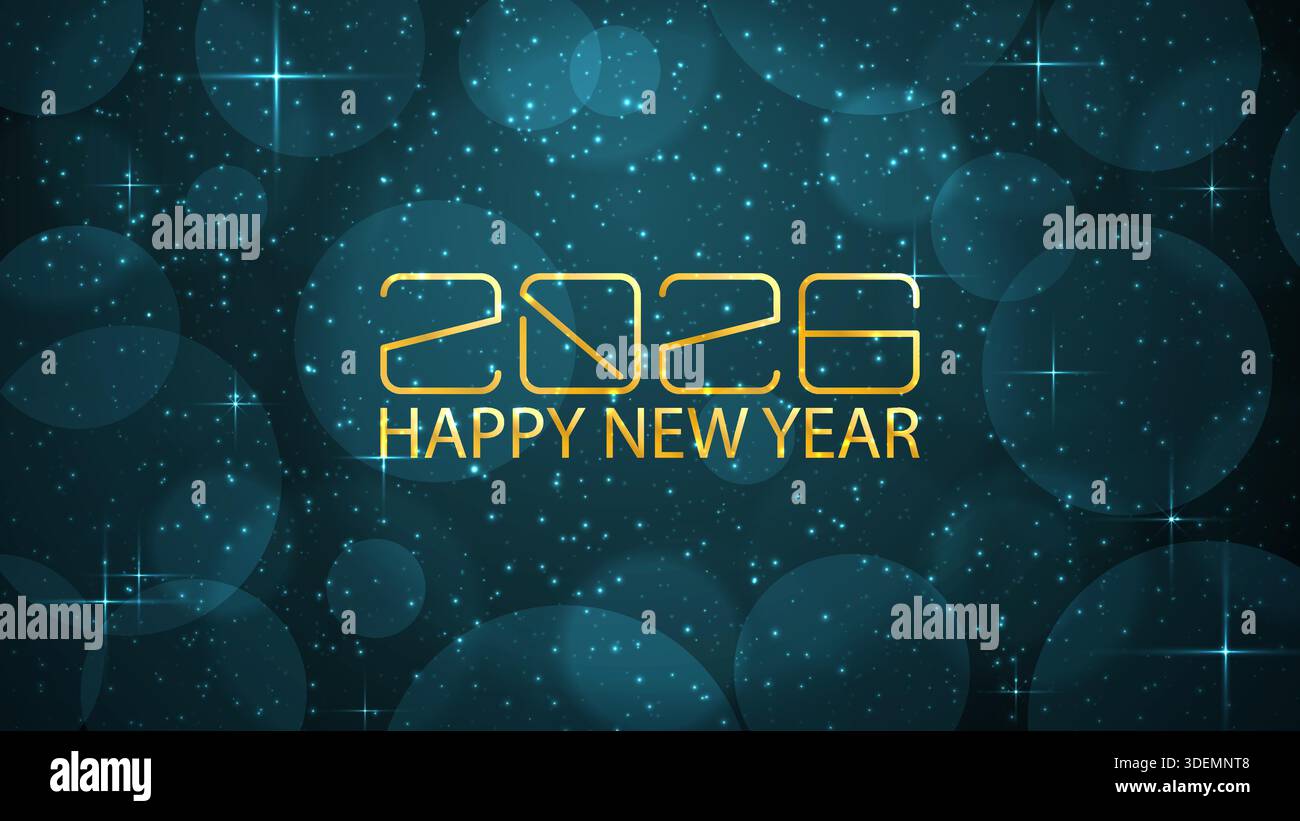 Bonne année 2026 fond abstrait. Modèle de conception de bannière festive avec lumières bokeh turquoise et texte doré Illustration de Vecteur