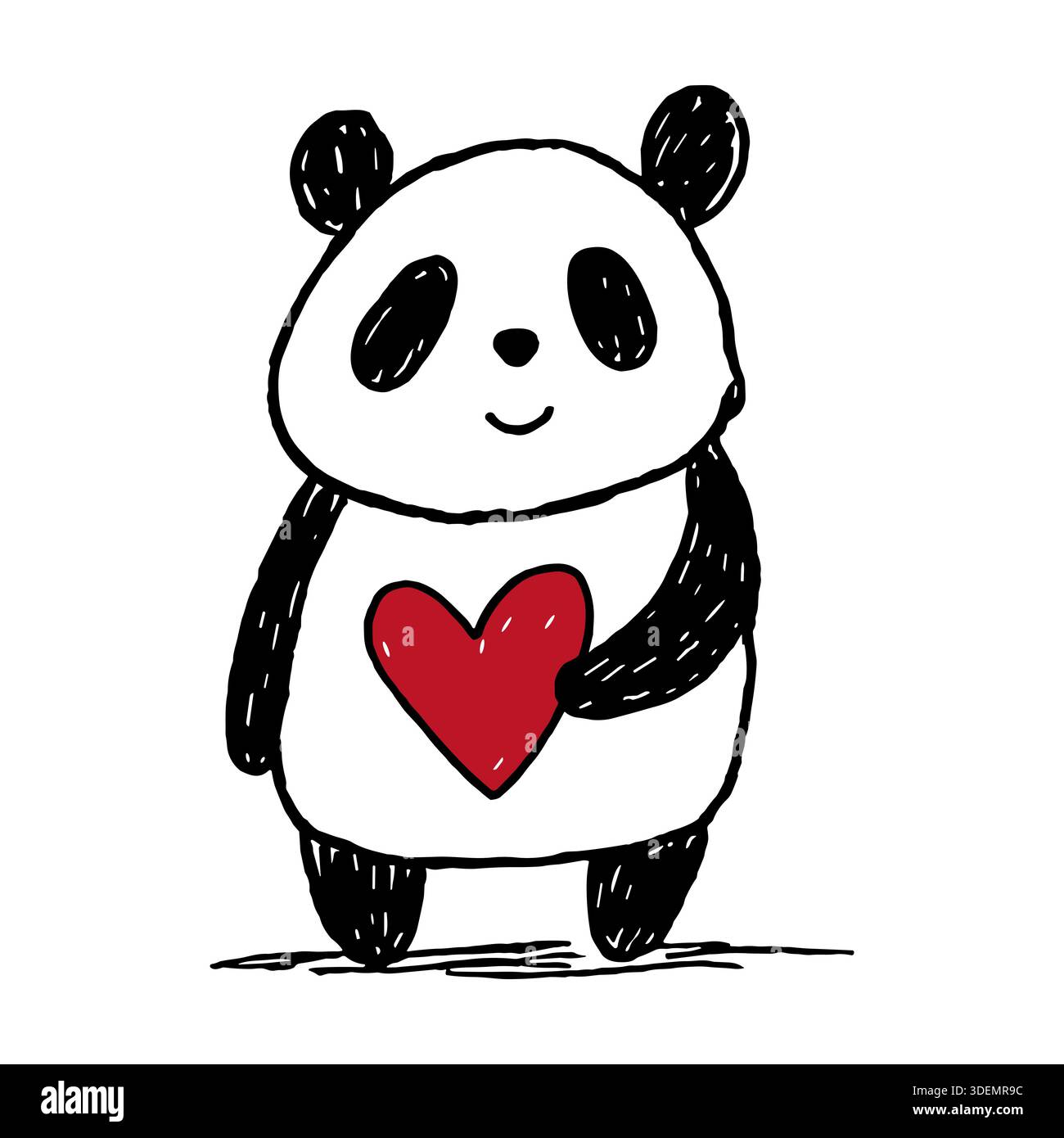 Panda mignon tenant le cœur rouge. Contour Doodle dessiné à la main caractère animal de valentines. Concept d'amour, crayons art, icône d'animal vecteur Illustration de Vecteur