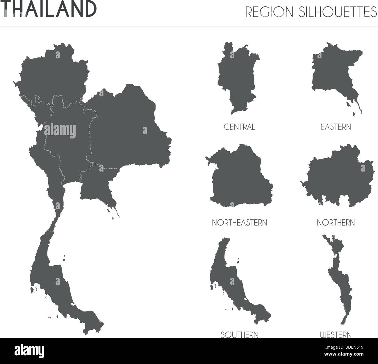 Silhouettes de la région de Thaïlande définies et carte blanche du pays isolé sur fond blanc. Conception d'illustration vectorielle Illustration de Vecteur