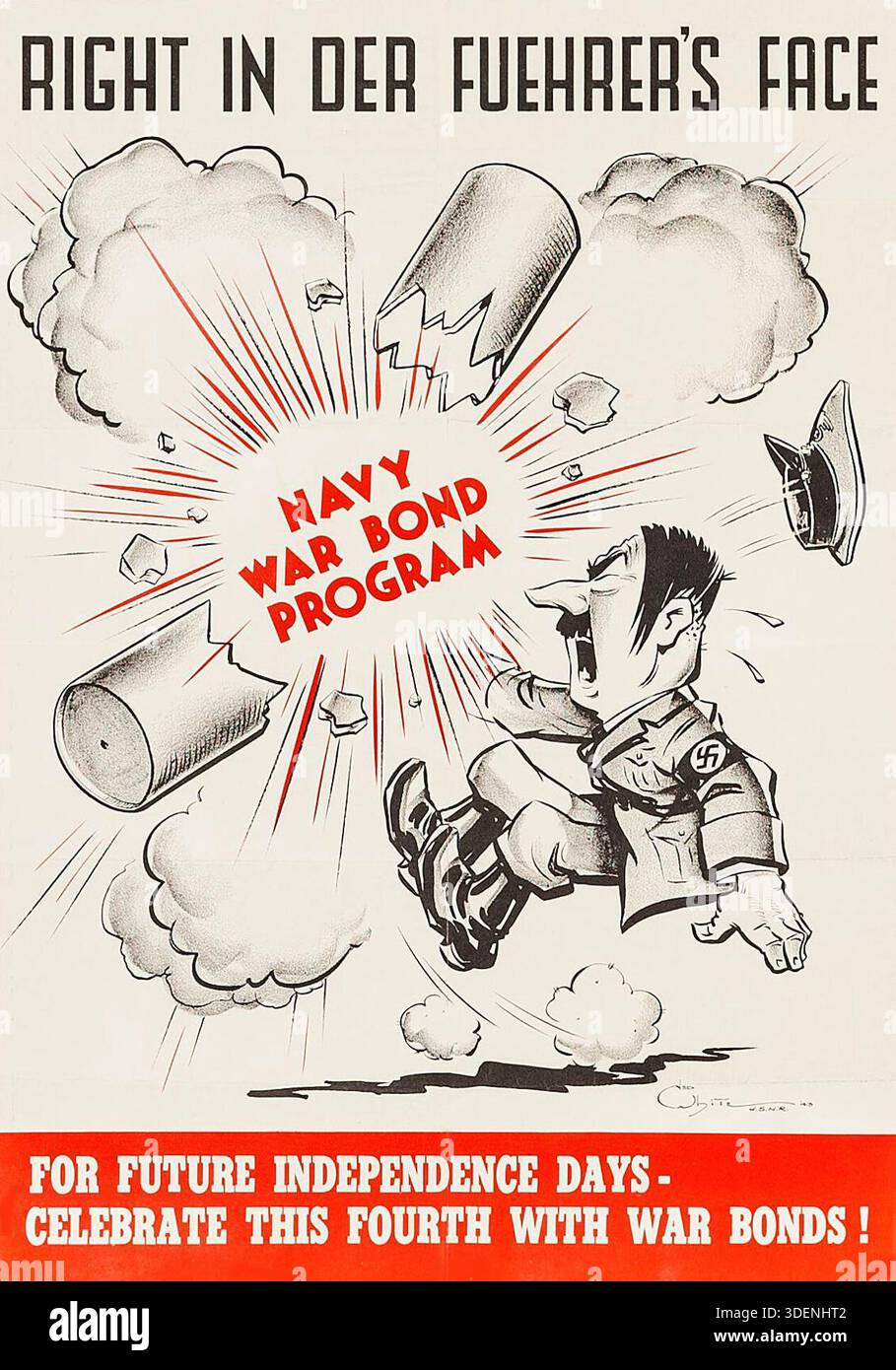 Propagande américaine de la seconde Guerre mondiale (U.S. Government Printing Office, 1943). Affiche de War Bond « juste dans le visage de Der Fuehrer » Hitler est bombardé Banque D'Images