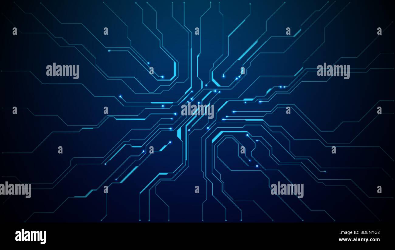 Carte mère semi-conductrice sombre avec motifs électriques incandescents. Illustration de Vecteur