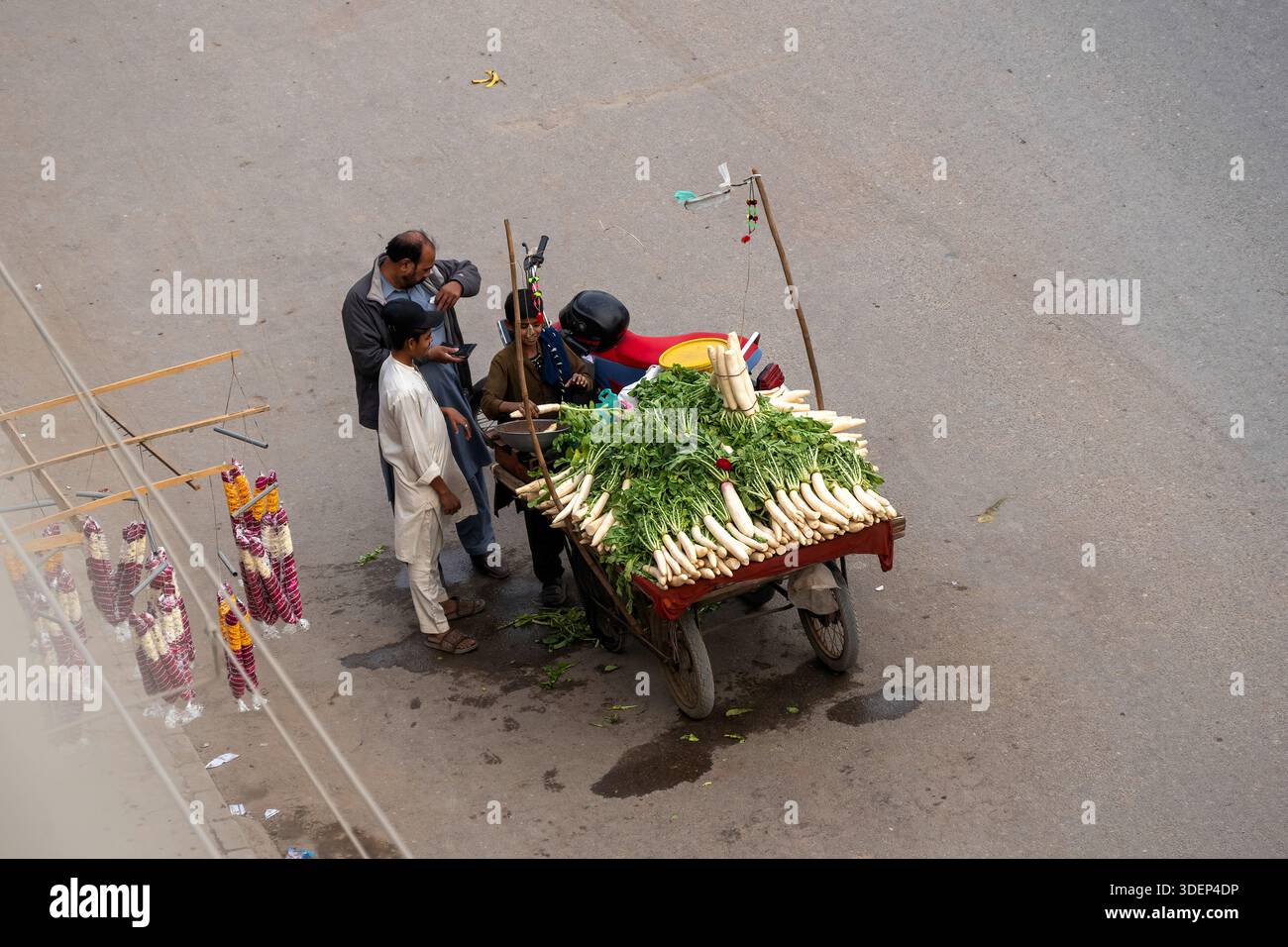 Karachi, Pakistan - daikon blanc frais, radis daikon vente sur panier Banque D'Images