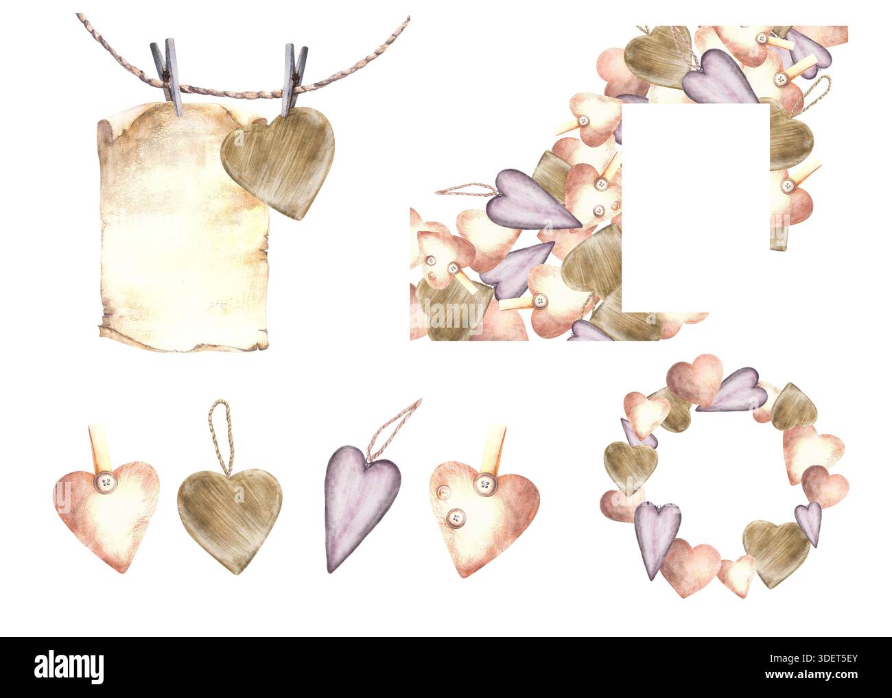 Aquarelle coeurs Vintage Valentines Day Love Set avec des coeurs lilas, beige, bruns suspendus à une corde. Modèle de carte de voeux rond ou carré, cadre Banque D'Images
