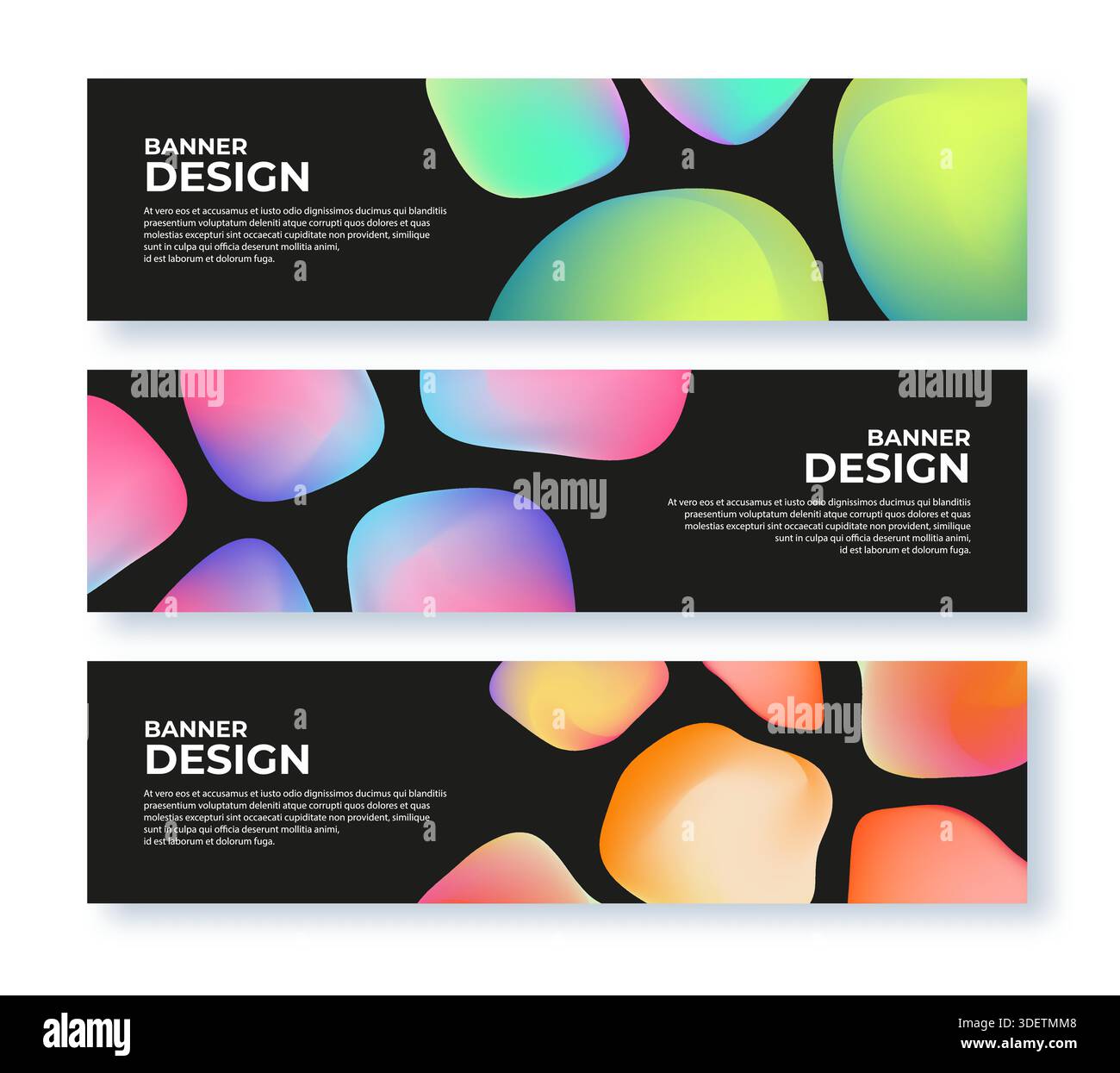 Bannière web colorée avec des formes 3D dégradées. Collection de bannières de promotion horizontales. Illustration de Vecteur