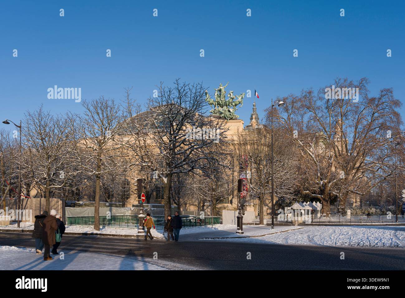Paris, France - 01 06 2026 : flocons de neige. Vue détaillée de la façade du Grand Palais et de grands arbres devant sous la neige et le ciel bleu Banque D'Images