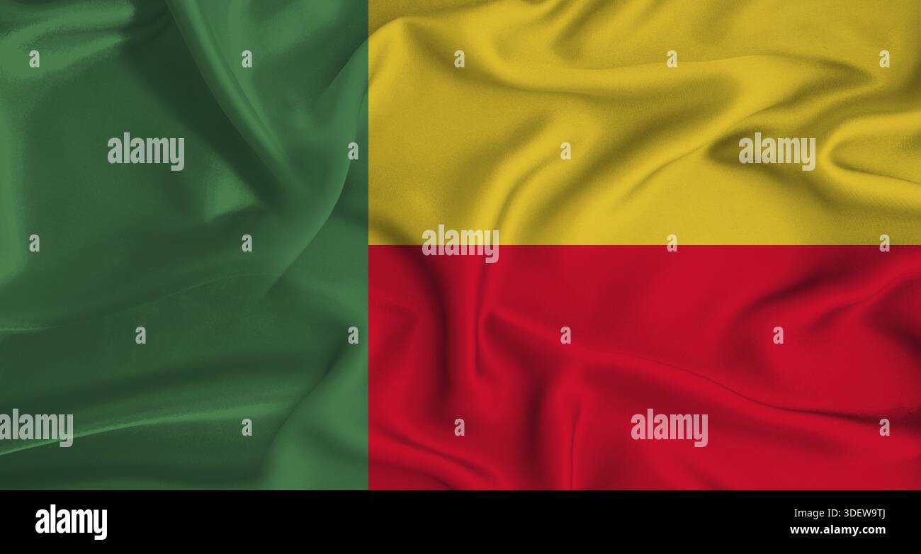 Un signal réaliste du drapeau béninois. Gros plan du drapeau du Bénin avec texture de tissu Banque D'Images