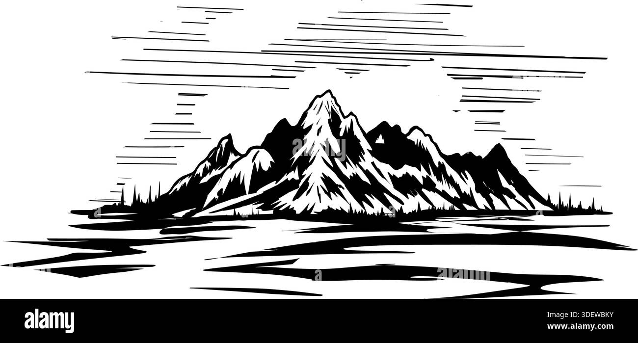 Illustration vectorielle. Montagnes dessinées à la main avec forêt sur blanc. Illustration de Vecteur