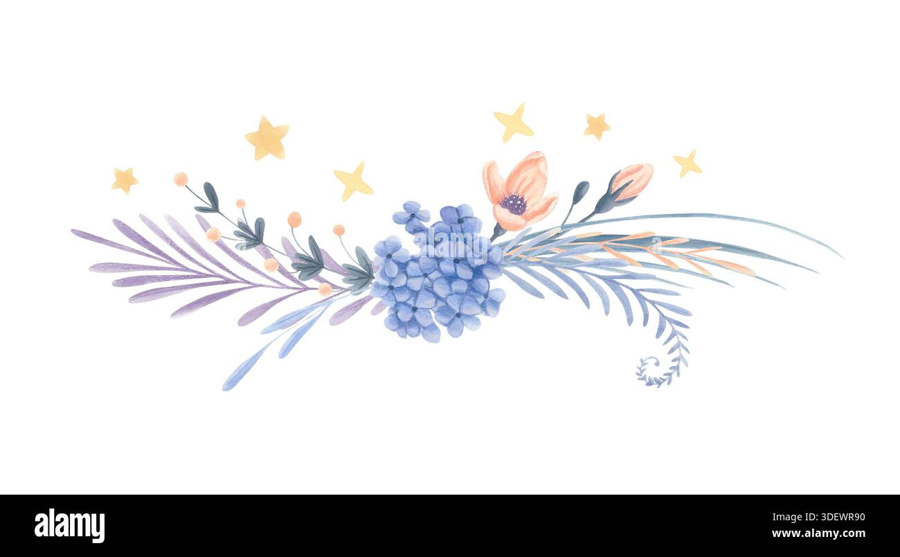 Arrangement floral aquarelle avec fleurs bleues et roses et étoiles isolées sur blanc. Banque D'Images
