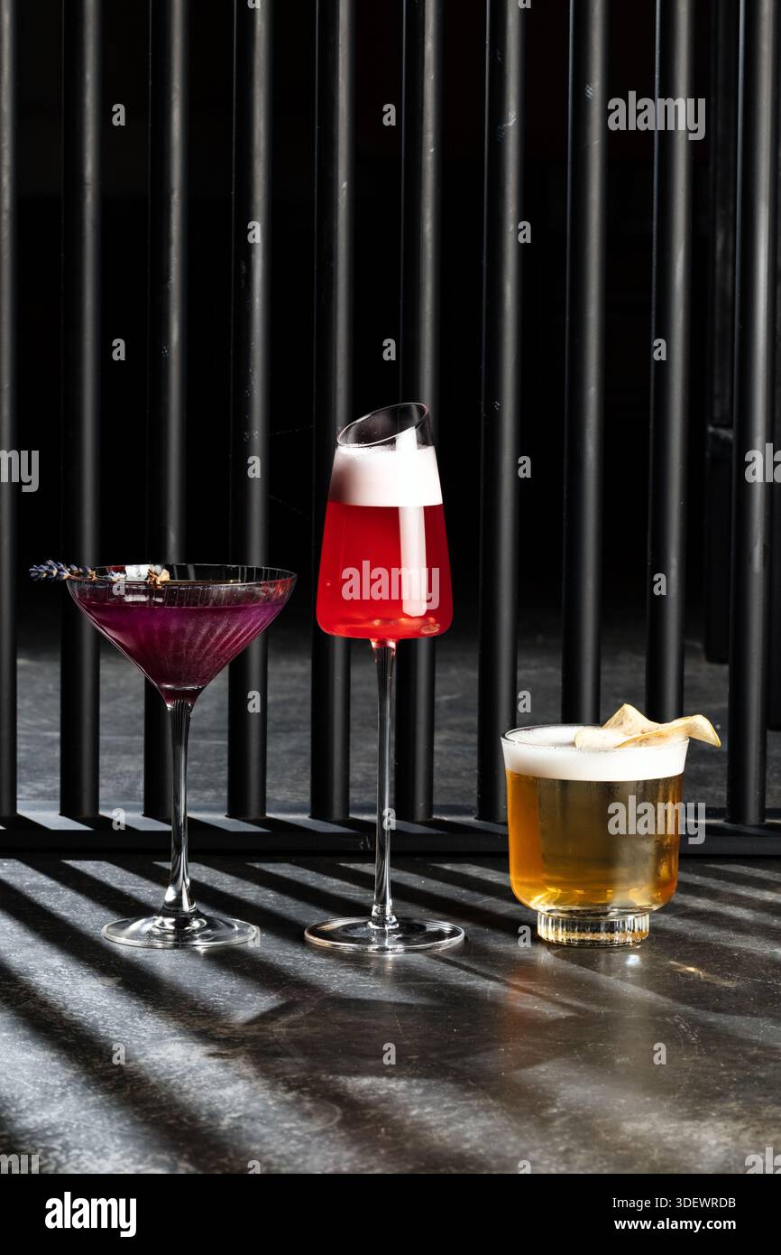 Élégant et élégant arrangement de vue de dessus avec un martini violet vibrant, de la bière dorée et un cocktail sophistiqué, idéal pour les bars de luxe, la nuit Banque D'Images