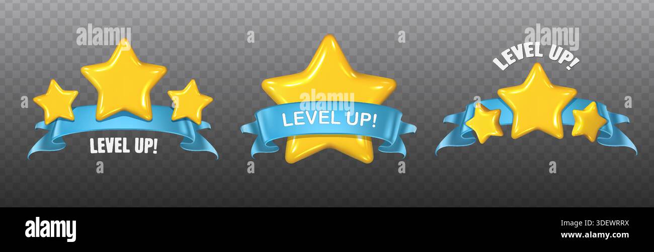 illustration réaliste d'icône vectorielle. Bouton de jeu avec étoile jaune pour passer au niveau supérieur et ruban. Jeu de boutons isolé. Illustration de Vecteur