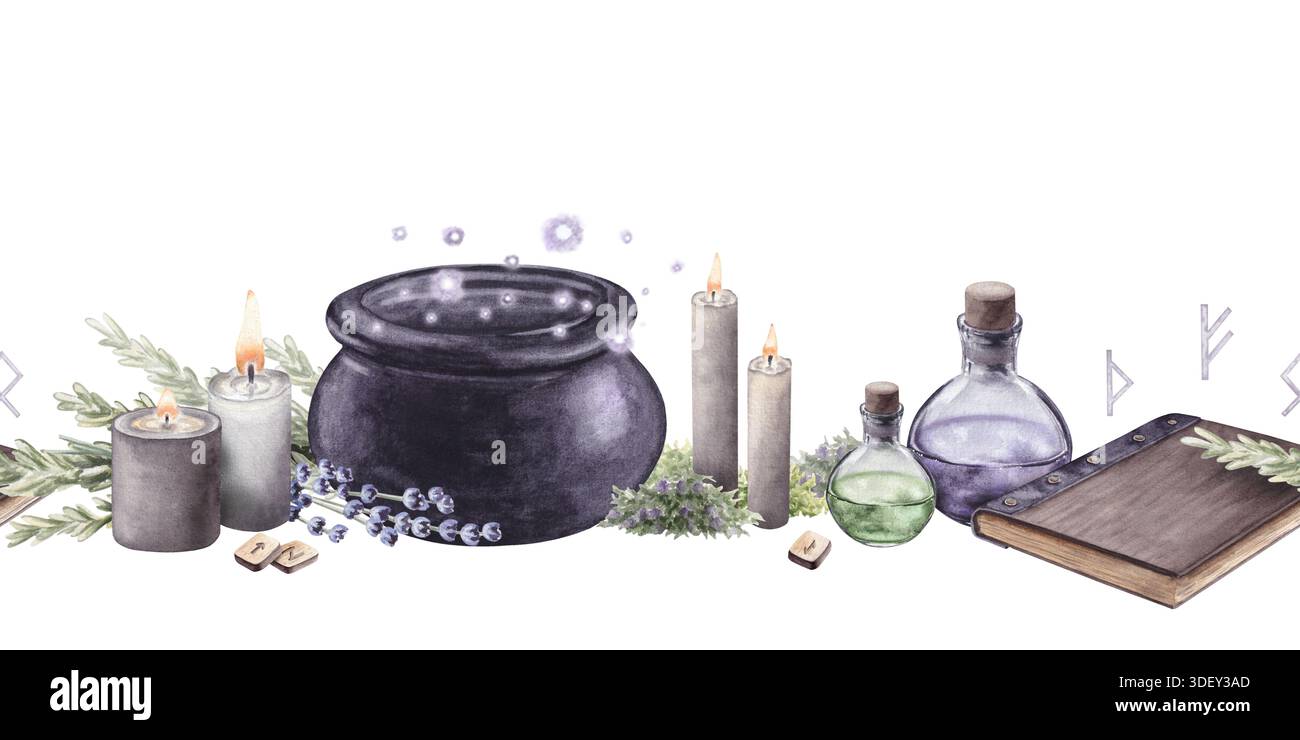 Bordure d'aquarelle dessinée à la main sans couture avec chaudron, grimoire, potions, bougies et herbes isolées sur fond blanc. Pour l'impression et le design Banque D'Images