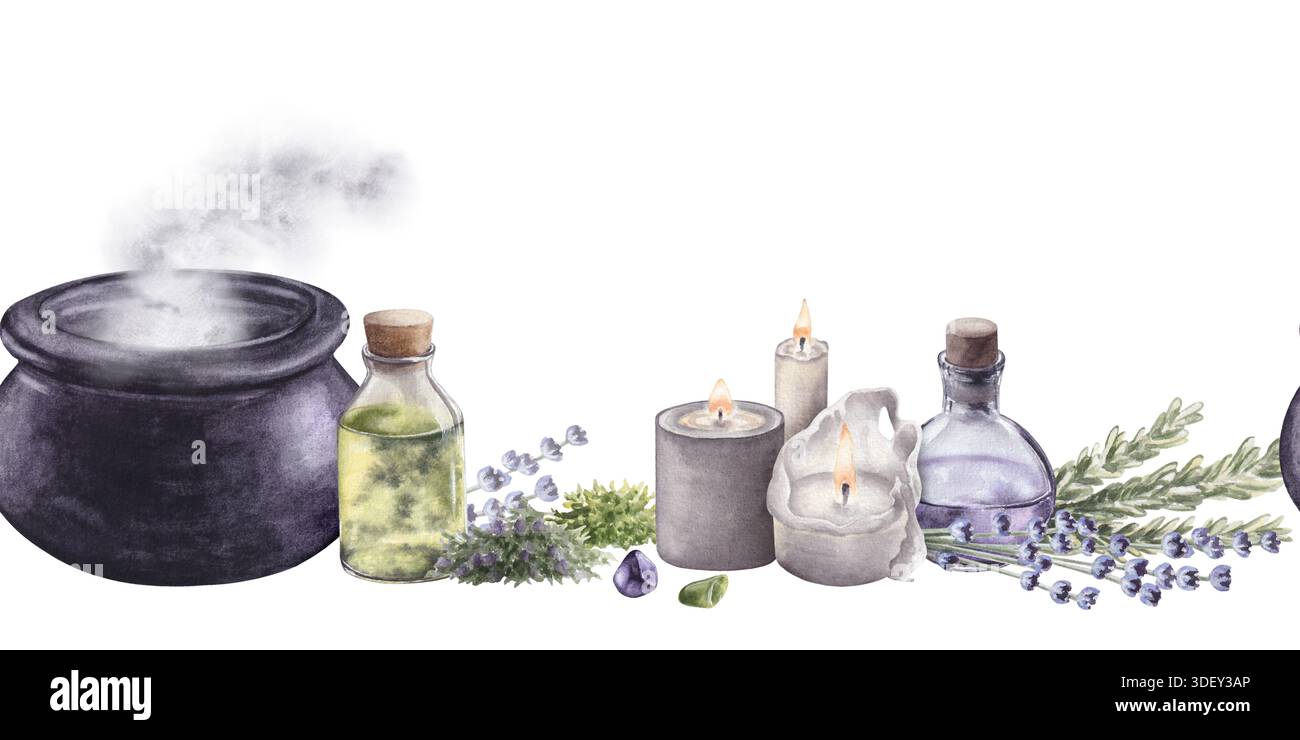 Bordure d'aquarelle dessinée à la main sans couture avec chaudron, potions, bougies et herbes isolées sur fond blanc. Pour l'impression et le design Banque D'Images