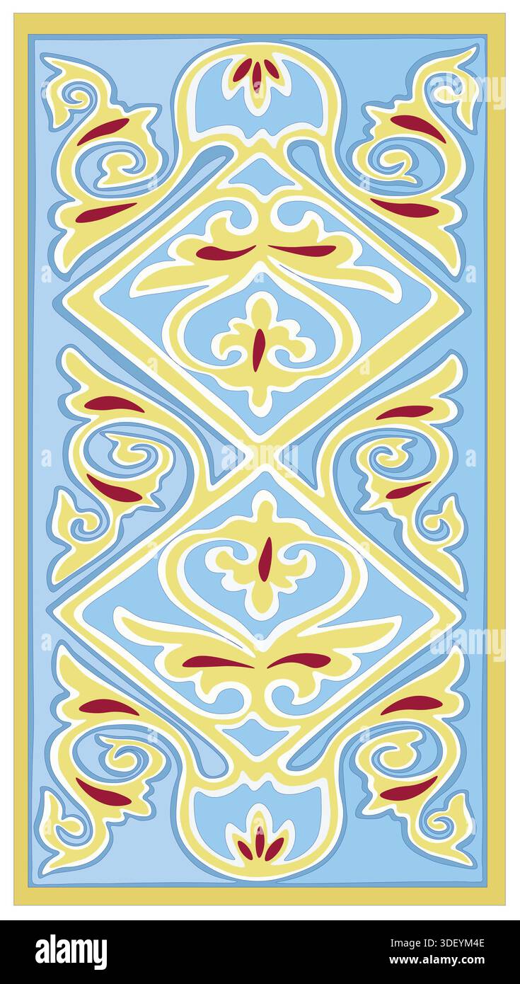 Motif ethnique bleu traditionnel avec des rouleaux floraux jaunes et des formes de losanges, inspiré des tapis orientaux historiques et des décorations textiles culturelles Banque D'Images