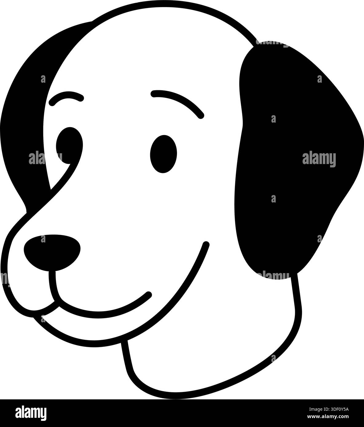 Chien de dessin animé souriant avec oreilles noires souples et visage rond. Conception vectorielle minimaliste de tête d'animal de compagnie en dessin au trait noir et blanc Illustration de Vecteur