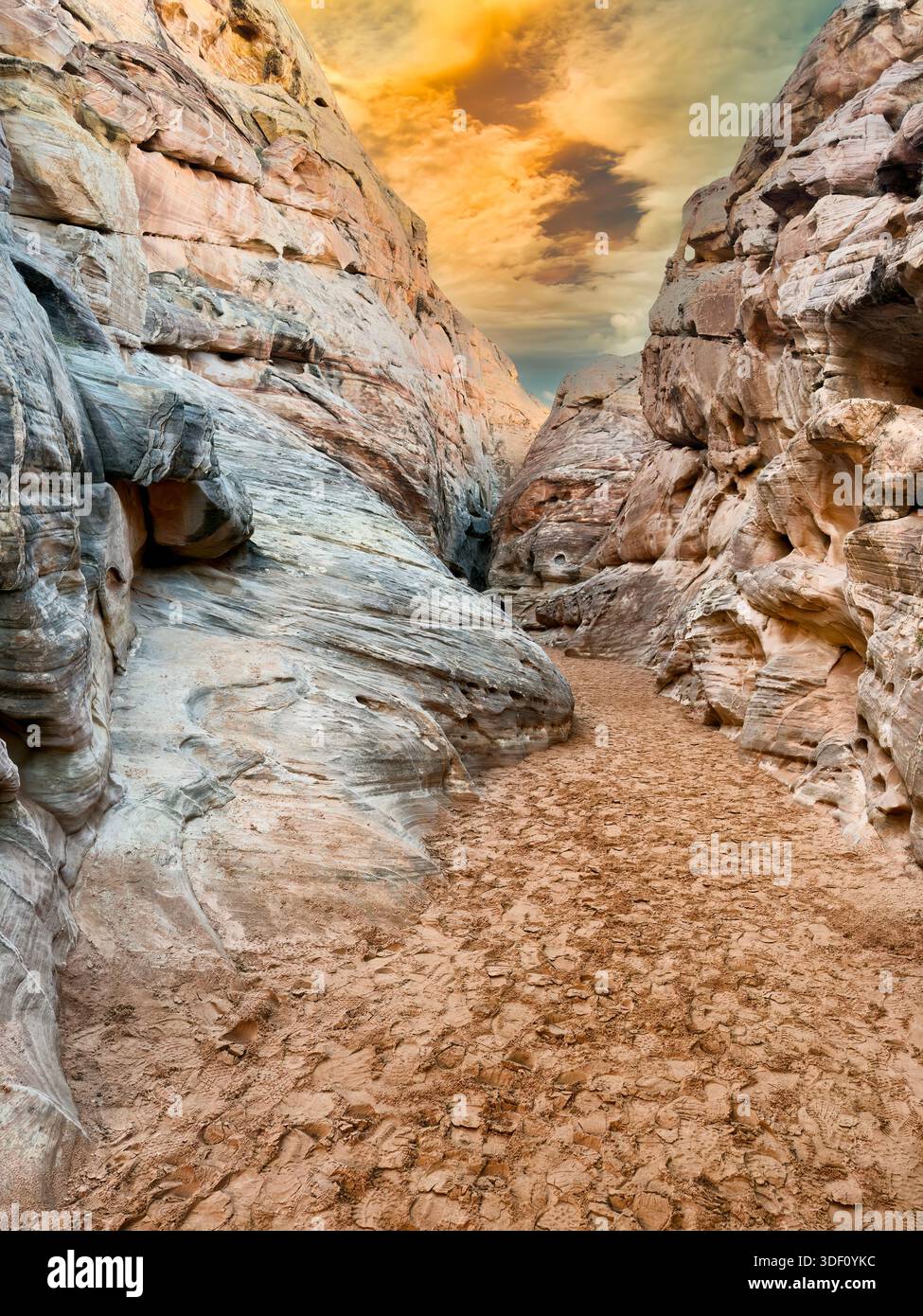 Paysage de parc de la vallée de feu dans l'état du Nevada d'Amérique pendant le beau temps de jour d'hiver montrant la formation rocheuse de grotte pendant le coucher du soleil en forme de portrait Banque D'Images