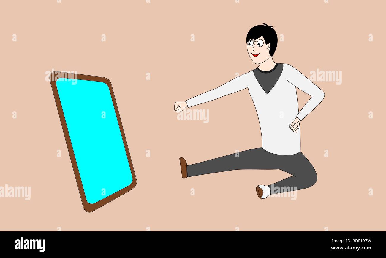 Un homme de dessin animé est assis sur le sol et pointe vers un écran bleu. L'homme porte une chemise blanche et un pantalon gris Illustration de Vecteur