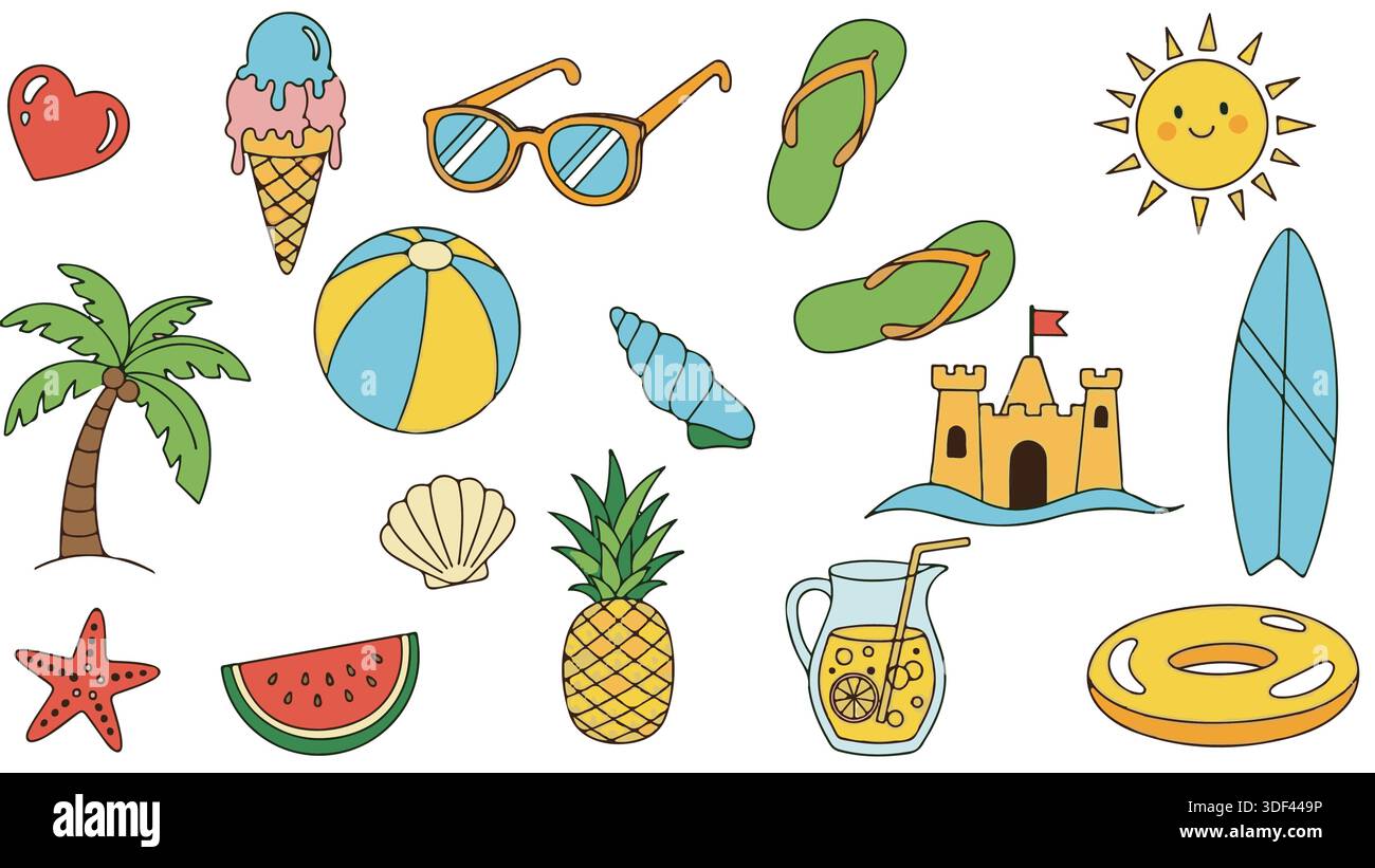 Ensemble de doodle de vacances d'été dessiné à la main avec des icônes de plage comme le soleil, la planche de surf, le château de sable et les fruits tropicaux. Illustration de Vecteur