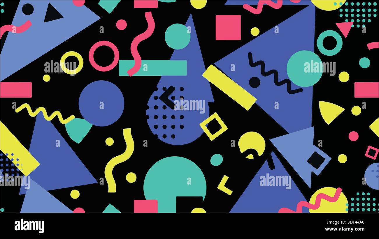 Vibrant modèle sans couture de style Memphis des années 90 avec des formes géométriques, des squiggles et des triangles sur un fond noir. Illustration de Vecteur