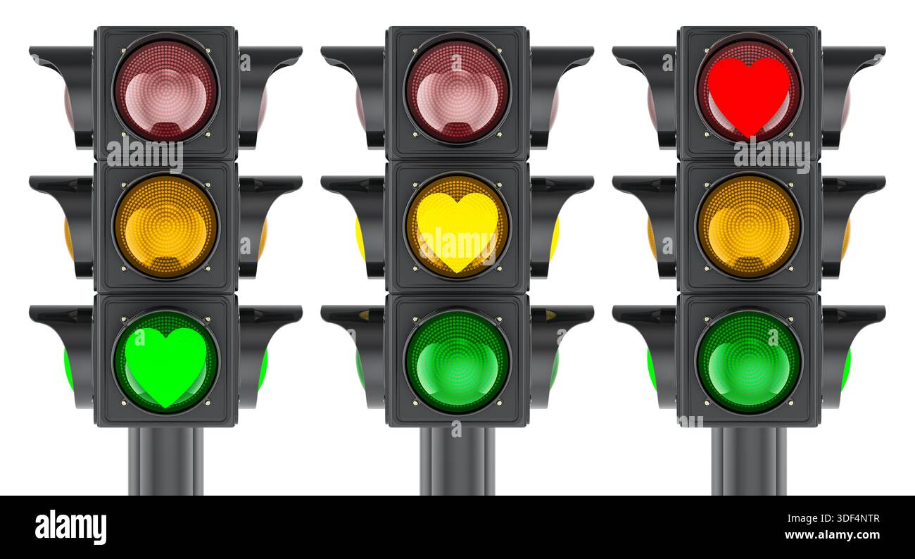 Trois feux de circulation avec des signaux rouges, jaunes et verts en forme de cœur. Rendu 3D isolé sur fond blanc Banque D'Images