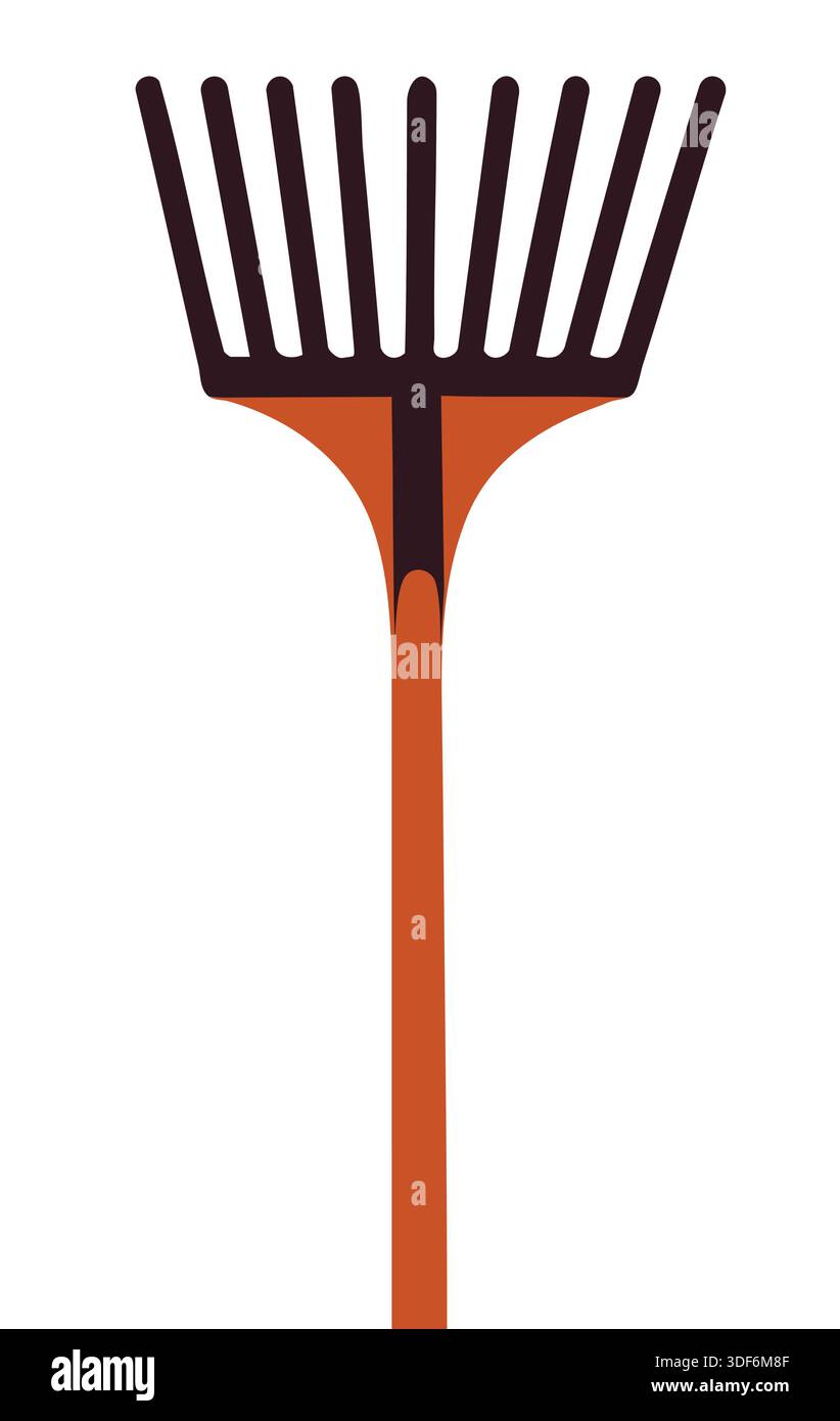 Râteau de jardin à manche droit avec tête métallique et dents régulièrement espacées. Illustration de Vecteur