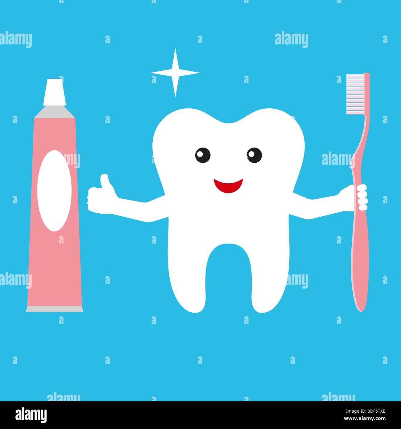 Dentifrice et brosse à dents tenant les dents. Personnage souriant de dessin animé drôle mignon. Illustration de Vecteur