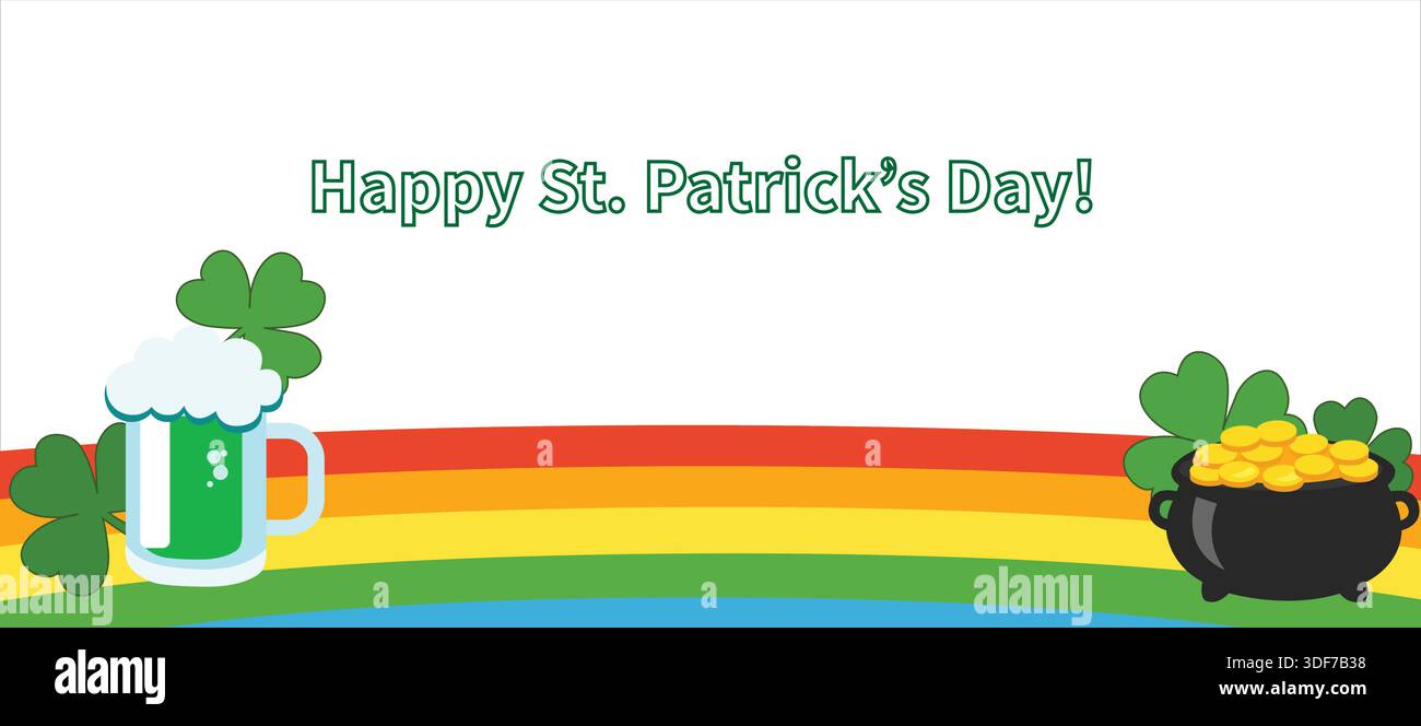 La bannière Patricks Day dans un style vectoriel plat, avec leprechaun joyeux, Shamrocks et pièces d'or. Illustration de Vecteur