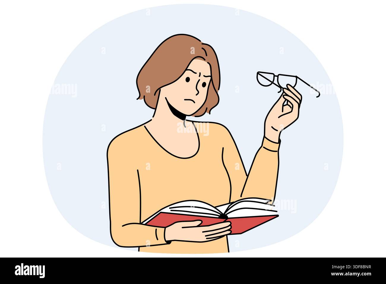 La femme éprouve des problèmes de vision, lit un livre et regarde des lunettes avec une grimace bouleversée. Une fille atteinte de myopie ou de syndrome de glocome ne peut pas voir le texte dans le manuel et a besoin d'une chirurgie pour restaurer la vision Illustration de Vecteur