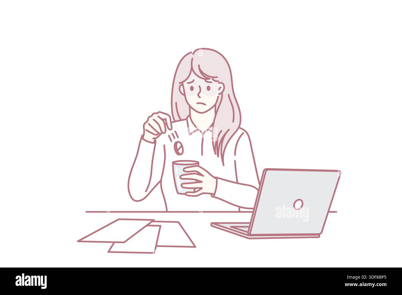 Avoir de la fièvre pendant le travail concept.Triste malade déprimé malade femme travailleur de bureau assis à l'ordinateur portable prenant des médicaments pour protéger contre la fièvre maladie illustration du vecteur Illustration de Vecteur