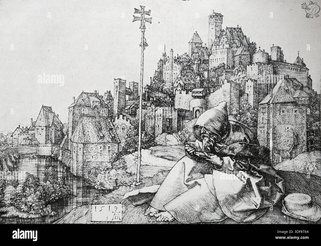 Gravure d'Albrecht Dürer. St Anthony en dehors de la ville. Black and White illustration from the Connoisseur, an Illustrated Magazine for Collectors vol 4 (sept - décembre 1902) publié à Londres par Otto Limited Banque D'Images