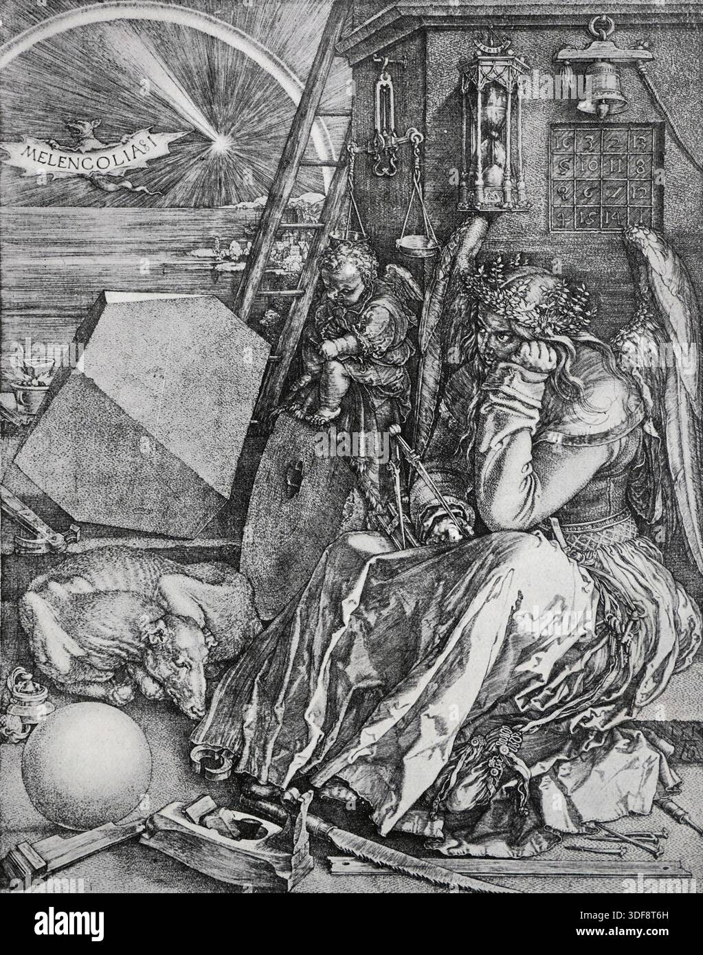 Mélancolie. Gravure d'Albrecht Dürer. Black and White illustration from the Connoisseur, an Illustrated Magazine for Collectors vol 4 (sept - décembre 1902) publié à Londres par Otto Limited Banque D'Images