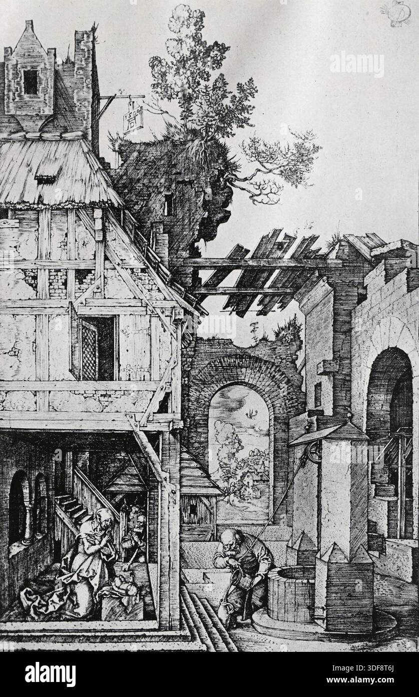 La Nativité. Gravure d'Albrecht Dürer. Black and White illustration from the Connoisseur, an Illustrated Magazine for Collectors vol 4 (sept - décembre 1902) publié à Londres par Otto Limited Banque D'Images