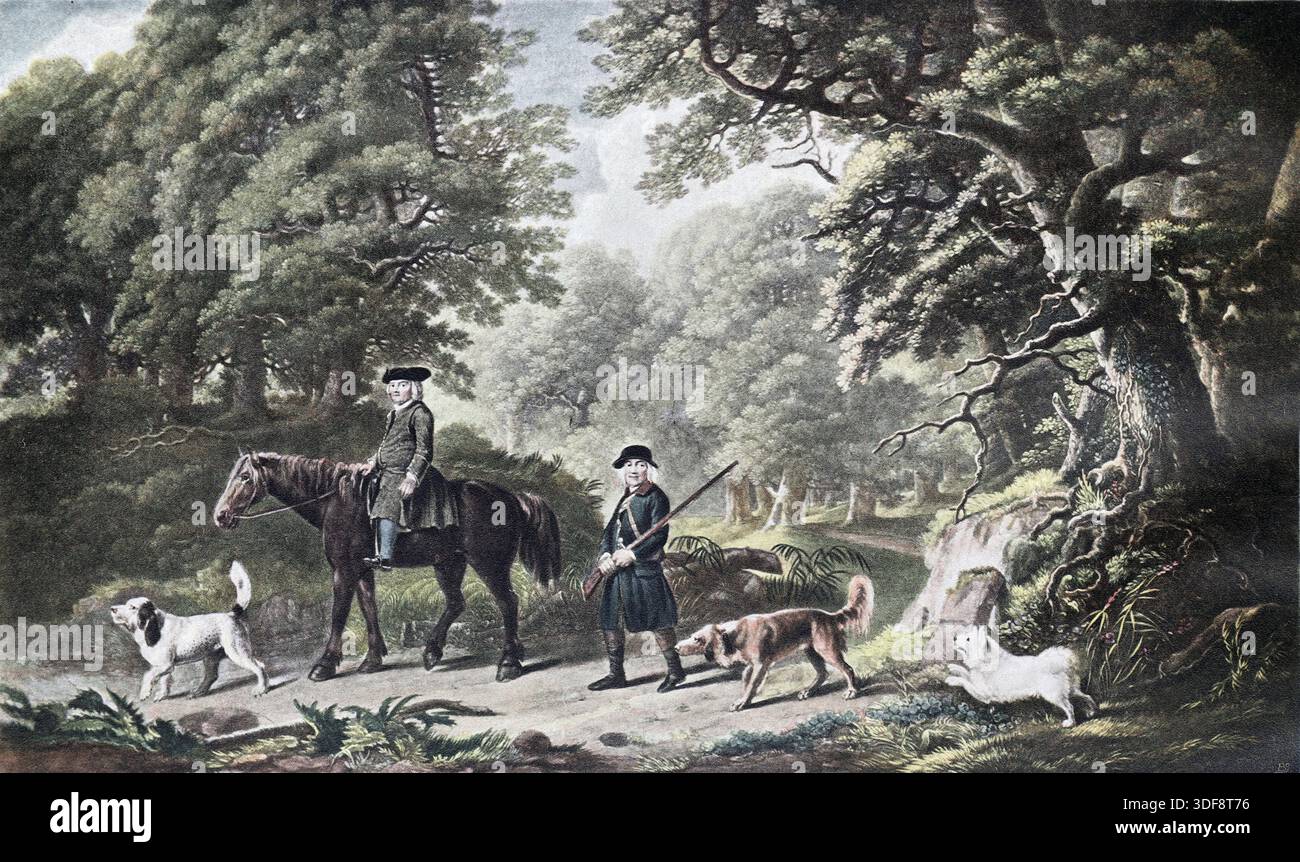 Game Keepers d'après une gravure de Henry Birche d'après une peinture de George Stubbs. Paysage par Amos Green. Illustration from the Connoisseur, an Illustrated Magazine for Collectors vol 4 (sept - Dec 1902) publié à Londres par Otto Limited Banque D'Images