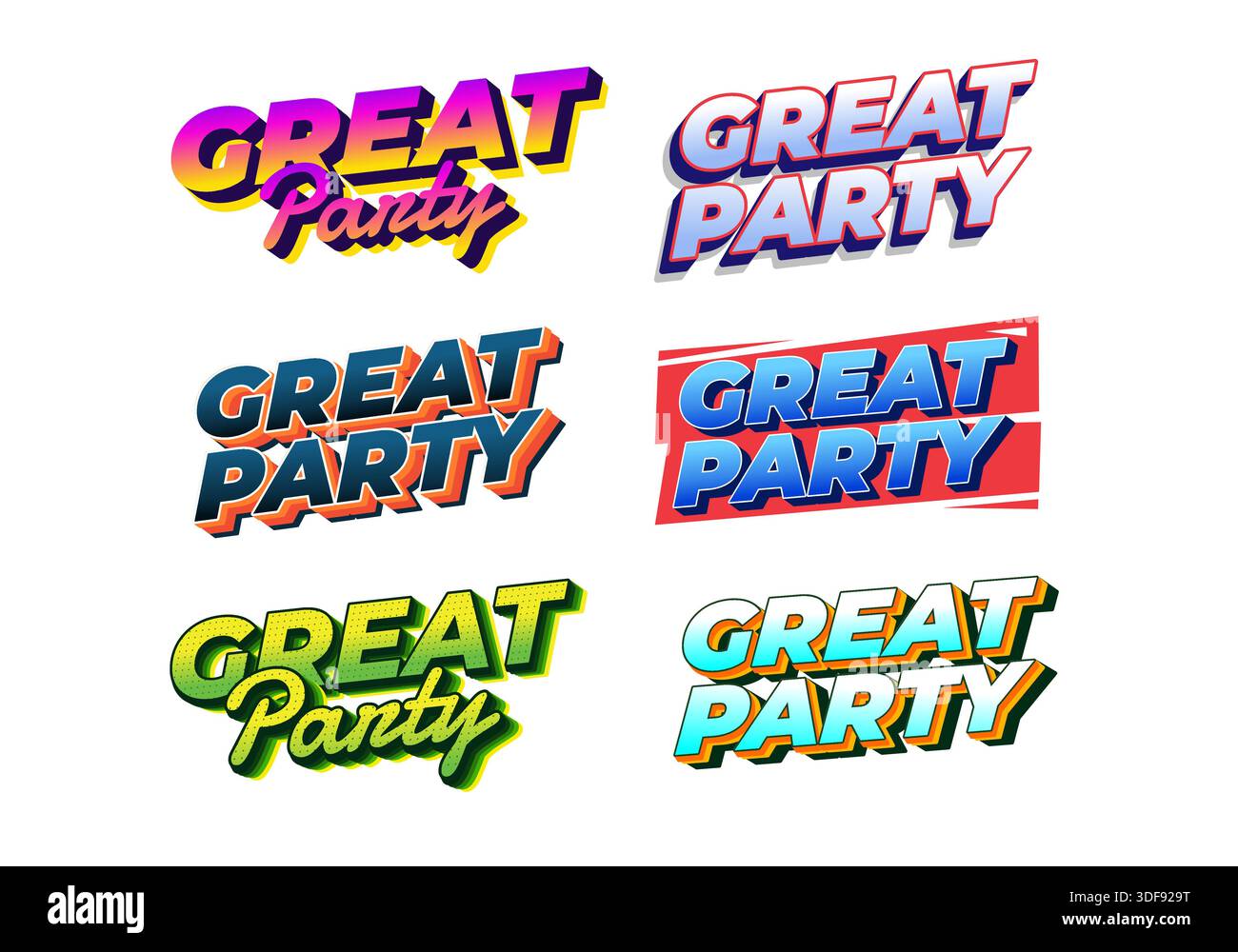 Une collection de six logos vibrants et colorés avec le texte Great Party. Chaque logo a un style unique, y compris des polices audacieuses et différentes couleurs SC Illustration de Vecteur