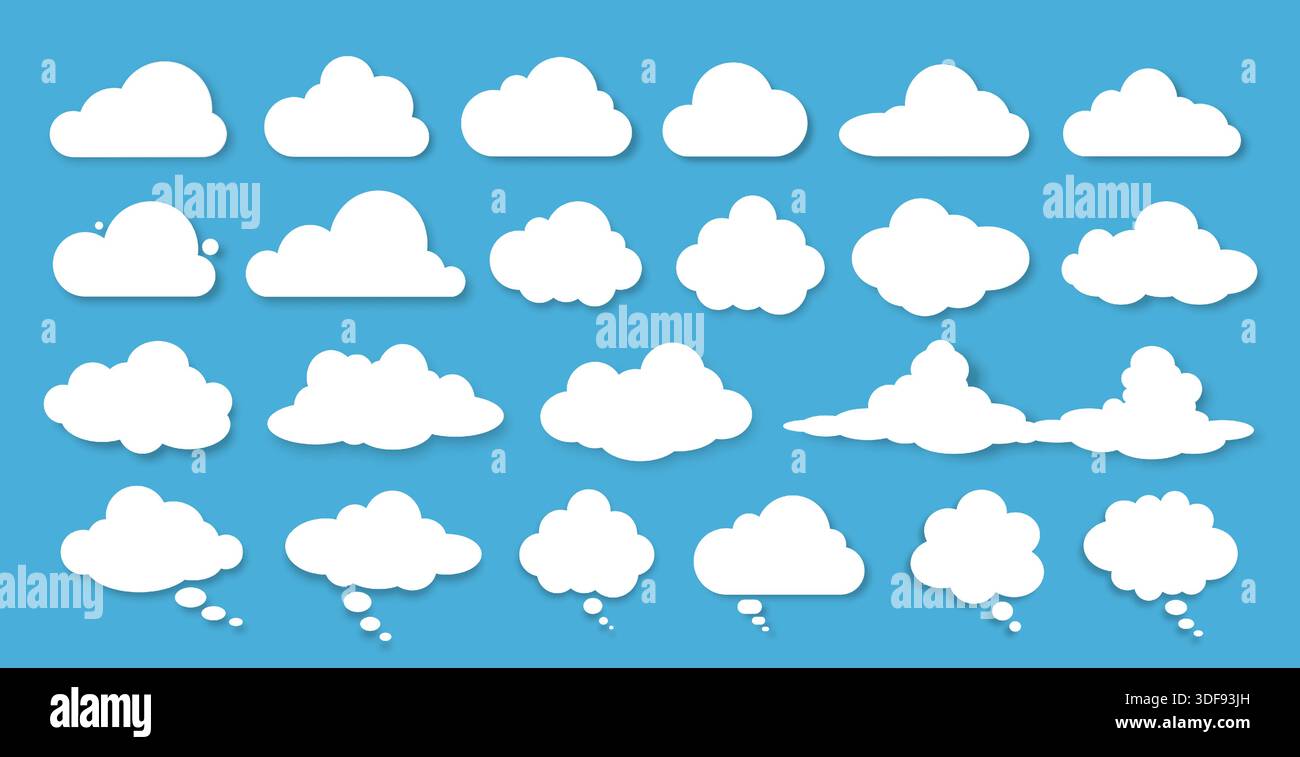 Un ensemble de silhouettes de nuages et de bulles de parole avec une ombre blanche de différentes formes et tailles sur un fond bleu. Illustration de Vecteur