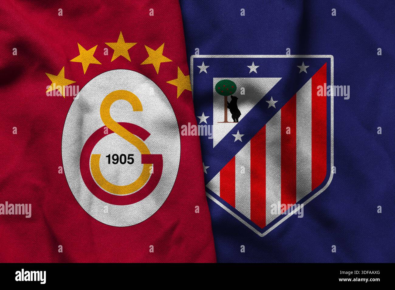 Pringsewu, Lampung ; 12 janvier 2025 ; la combinaison des logos Galatasaray et Atletico Madrid avec une texture de tissu ondulée dans la Ligue des Champions. Banque D'Images