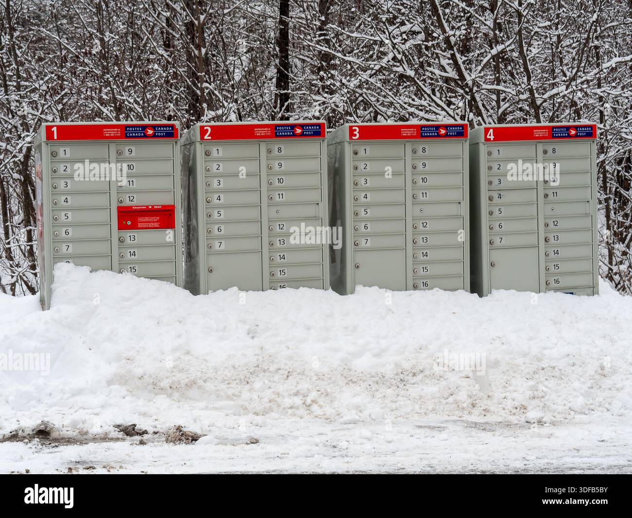 Rangée de boîtes aux lettres communautaires de postes Canada en hiver, Québec, Canada Banque D'Images