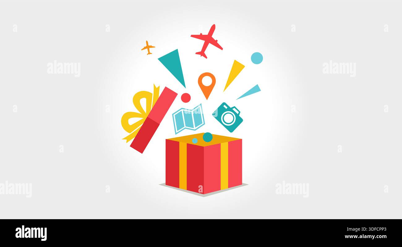 Une illustration vectorielle de conception plate lumineuse et colorée représentant le concept d'une surprise cadeau de voyage ou de vacances. Illustration de Vecteur