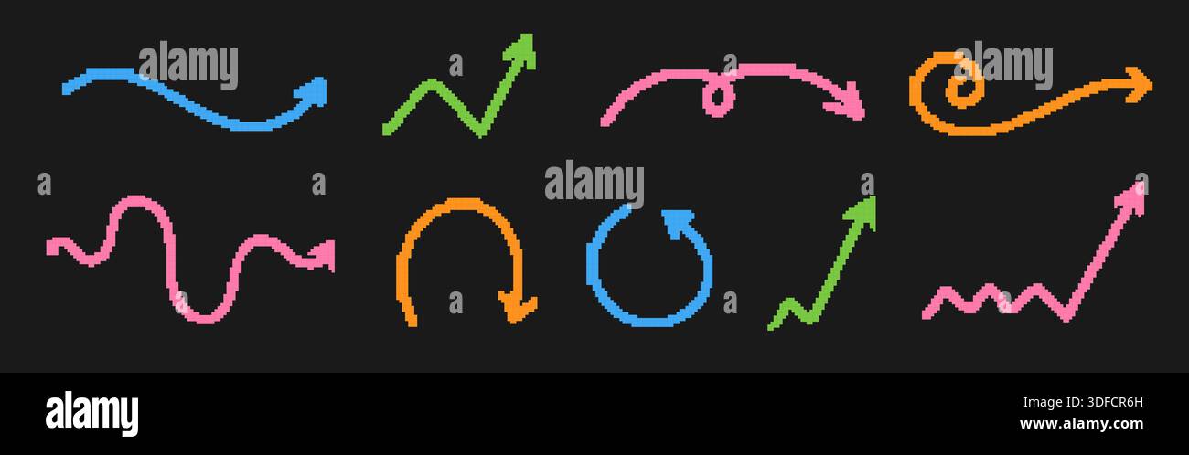 Jeu de flèches griffonneuses. Collection de flèches colorées au pinceau pixel Illustration de Vecteur